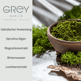 GREY Berlin Glow Boost Serum enthält: isländischer Knotentang, Spirulina Algen, Magnolienextrakt, Birkenwasser, Loorbeerextrakt.